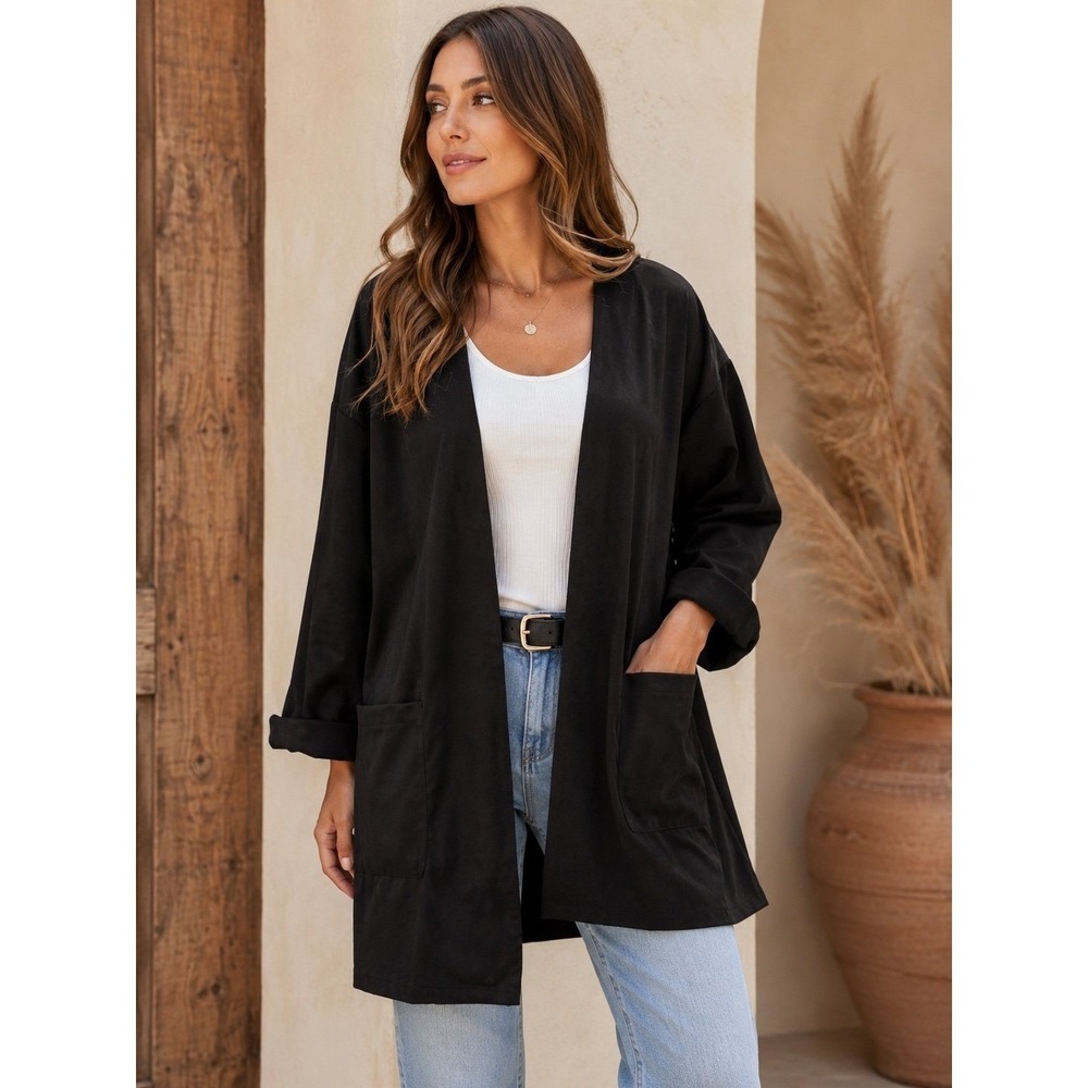 Umgee Black Faux Suede Feel Open Front Cardigan Jacket Size S